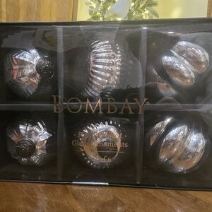 New In Box Bombay Silver Hand Painted Glass Ornaments Set 6 Fluted NIB 4" Each